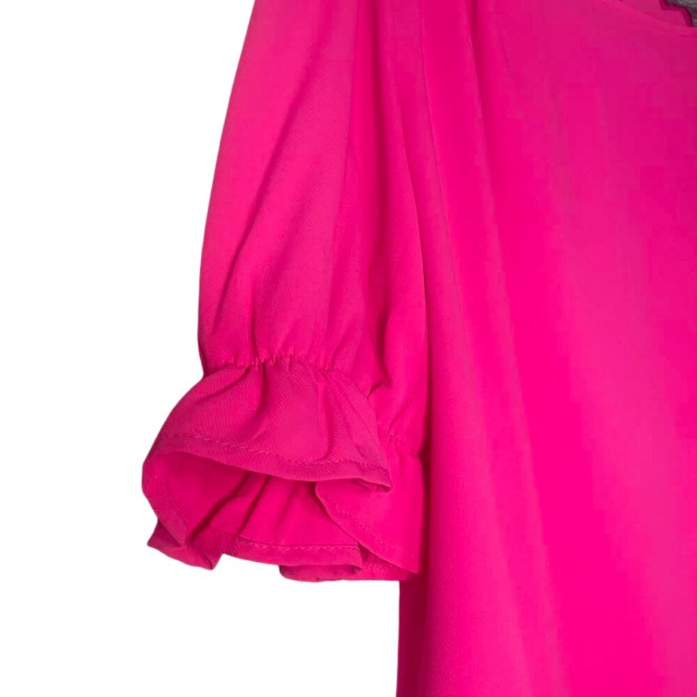 Marled Reunited Clothing Hot Pink Blouse Medium Fuchsia Puff Sleeve Keyhole Top - Picture 5 of 10